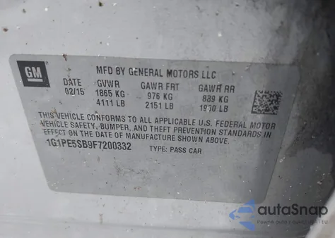 2015 Chevrolet Cruze 2Lt Auto из США, поврежденный, VIN 1G1PE5SB9F7200332